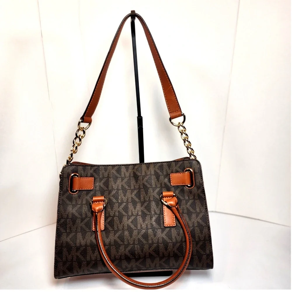 Michael Kors Hamilton Satchel Brown Monogram Canvas Tan Leather Gold Padlock Bag